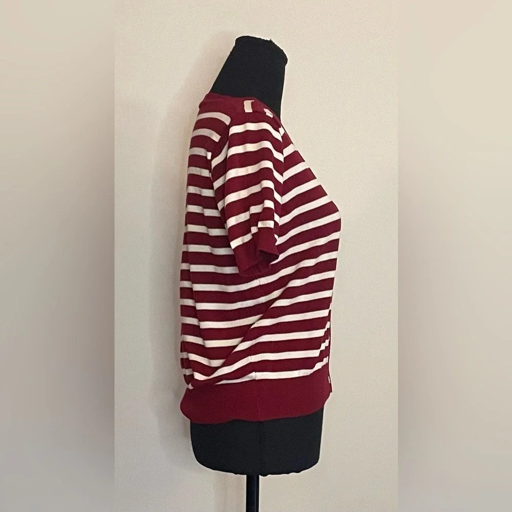 SHEIN Burgundy Striped Short Sleeve V-Neck‎ Button Front Knit Cardigan Sweater